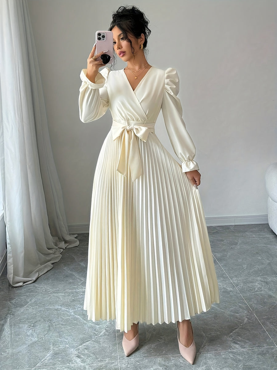 Hot Spring/Summer Elegant Cross V-Neck Flared Pleated Maxi Skirt for Women - Apricot