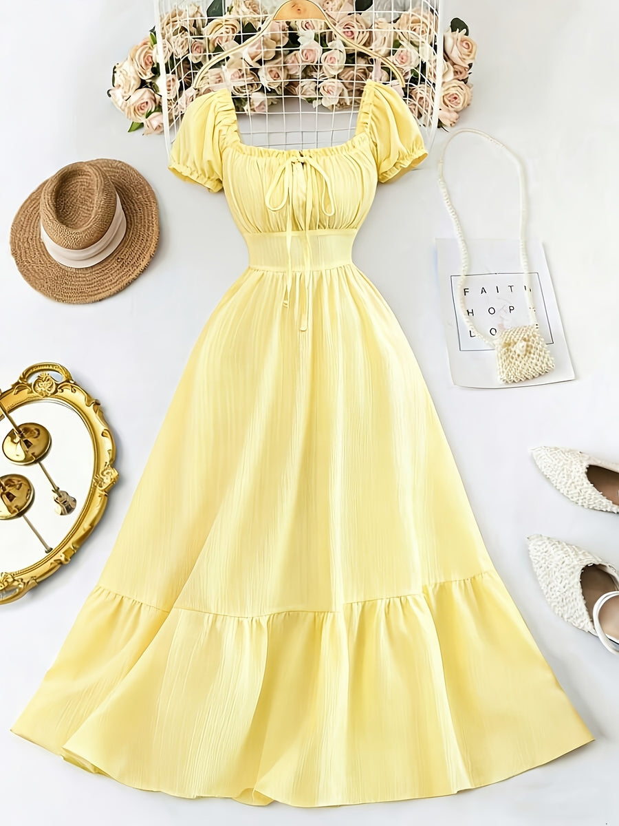 New Women'S Textured Pleated Fabric Puff Sleeve Tie-Back Open Back Waist-Cinching Dress, Slim Fit And, Elegant And Generous, Suitable for Vacation, Casual Dating, And Fashionable - Yellow
