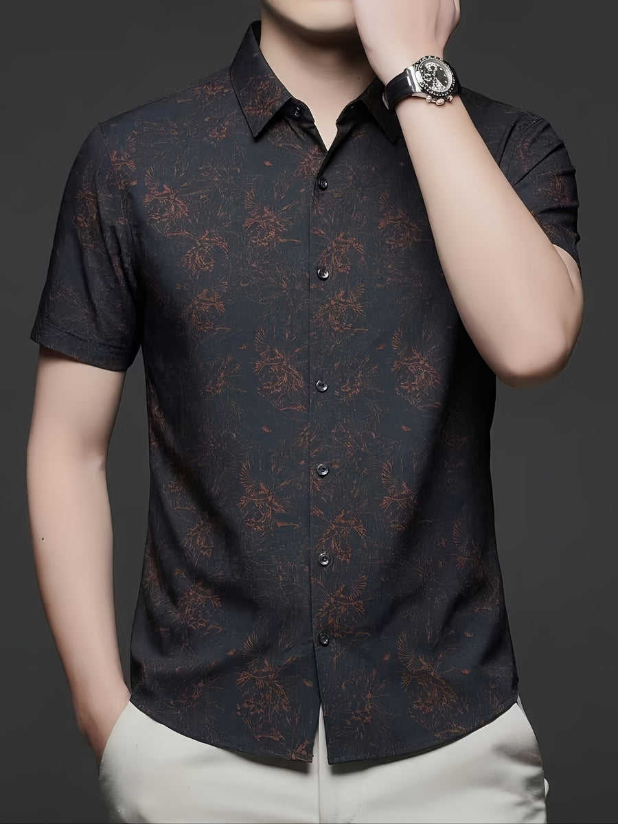 Holiday Gift, Men's, Casual, Seamless, Printed, Short-sleeve Shirt, Cool and Wrinkle-resistant, Fashionable Cardigan - Coffee Color