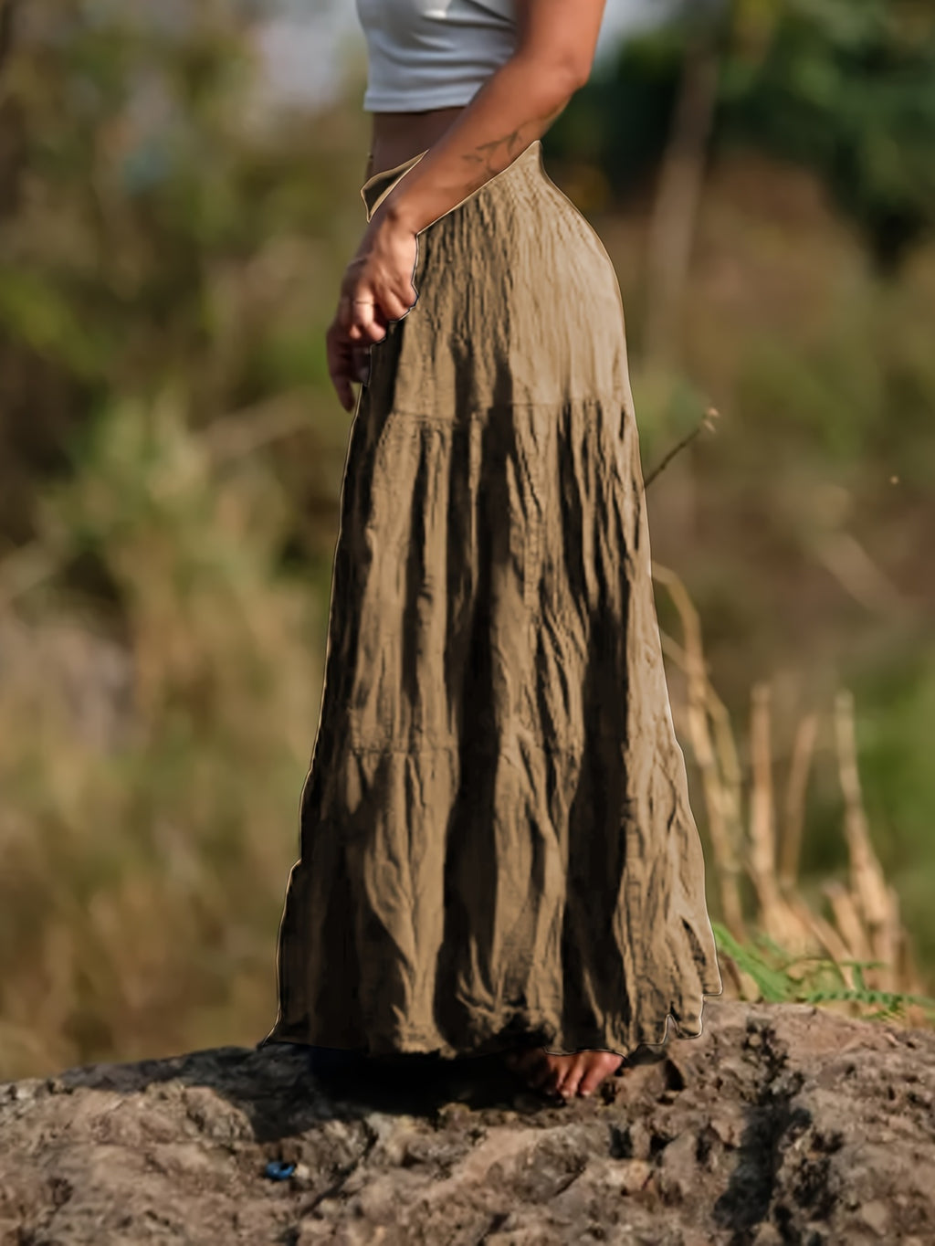 Women's Casual Western-Style Long Pleated Skirt with Drawstring Waist, Multi-Layer Texture for Vacation, Leisure, and Daily Wear - Bronze
