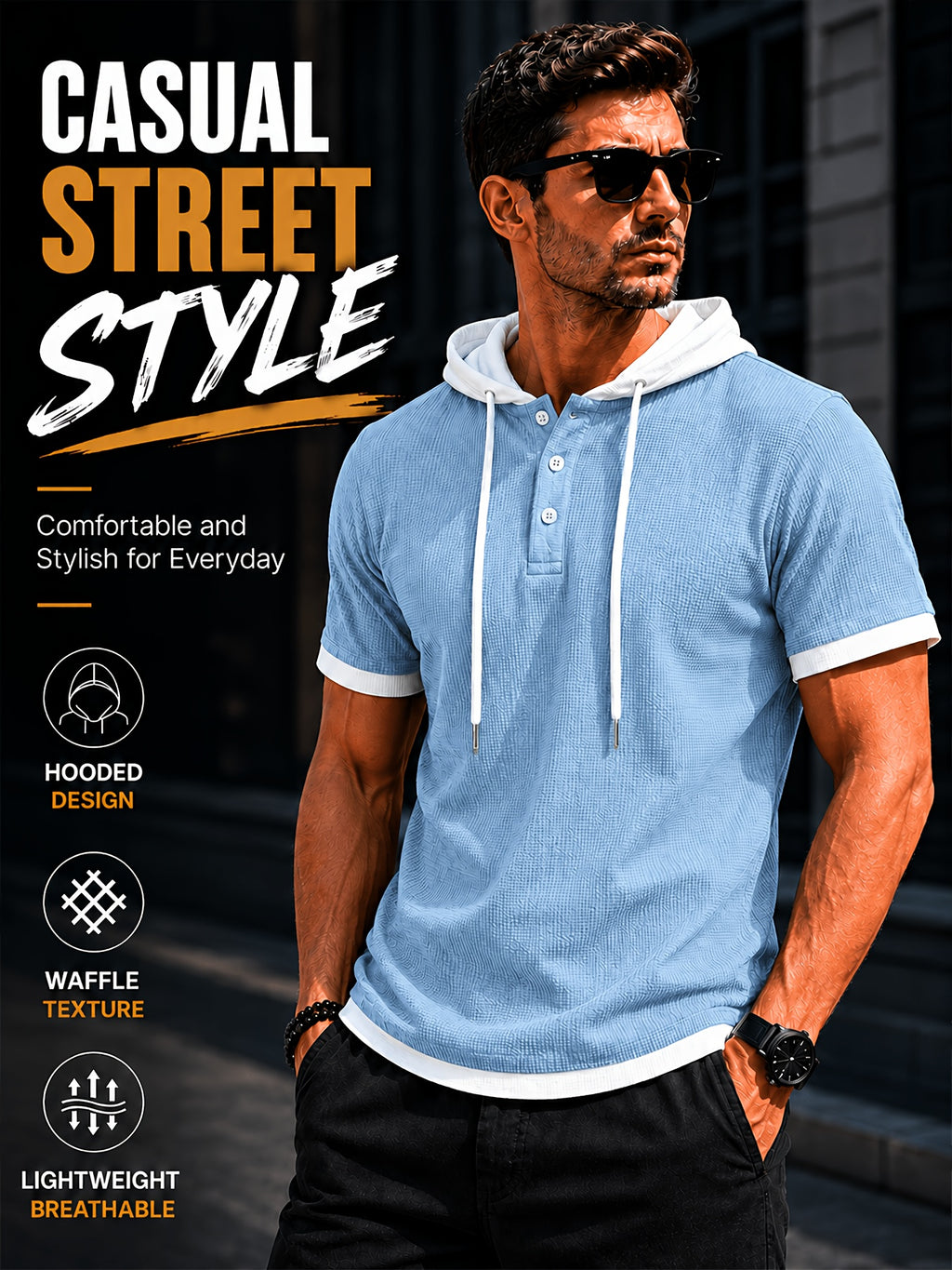 [Qiaoximei Obm] Summer Men'S High-Quality Waffle-Gore Hooded Short Sleeve T-Shirt - Individual Fashion Statement with Special Design Texture Fabric, Adjustable Drawstring And Buttons, Suitable for Gym Fitness Wear - Sky Blue