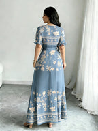 Holiday Gathering Vacation Dress Printed Dress Women'S Fashion Round Neck Short Puff Sleeve Skirt Design with Belt Waist-Cinching Long Dress Elegant Summer Dress ASD1 - Bright Steel Blue
