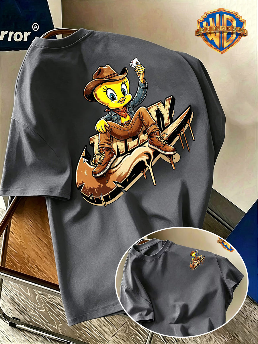Warner Bros. Official Men's Short-Sleeve T-Shirt with Front and Back Print. Features a Creative Core Western Cowboy Style Design with Bird Holding Playing Cards. The Vibrant Print Creates a Strong Atmosphere, Making the Shirt Eye-catching - Dark Gray