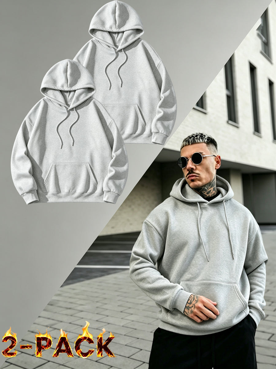 2PIECESMen's Solid Color Drop-shoulder Long-sleeve Drawstring Pocket Casual Outdoor Street Fashion Hoodie, Suitable for Autumn and Winter, Back-to-school Season - Light Grey