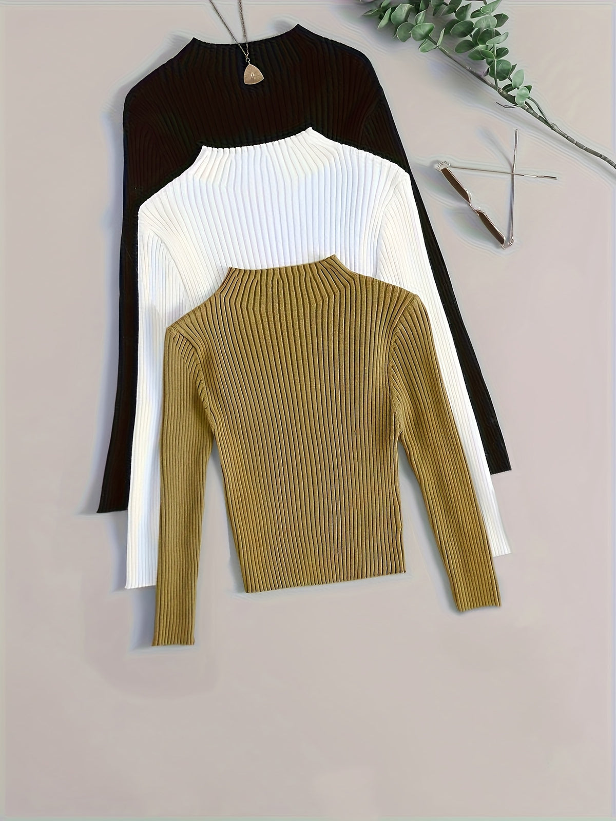 3pcs Set Stand Collar Ribbed Base Layer Stretch Plain Color Versatile Vintage - Mixed Color 2