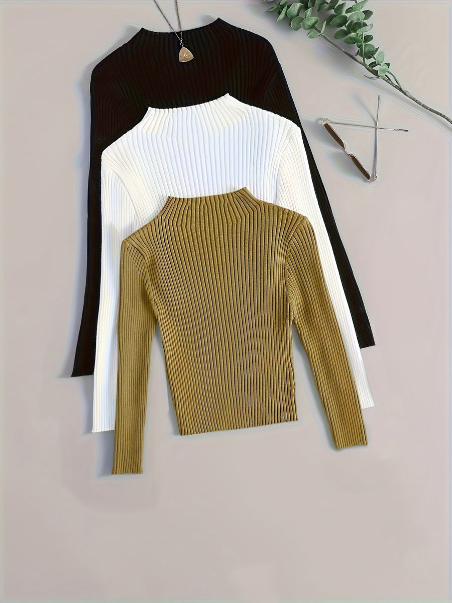 3pcs Set Stand Collar Ribbed Base Layer Stretch Plain Color Versatile Vintage - Mixed Color 2