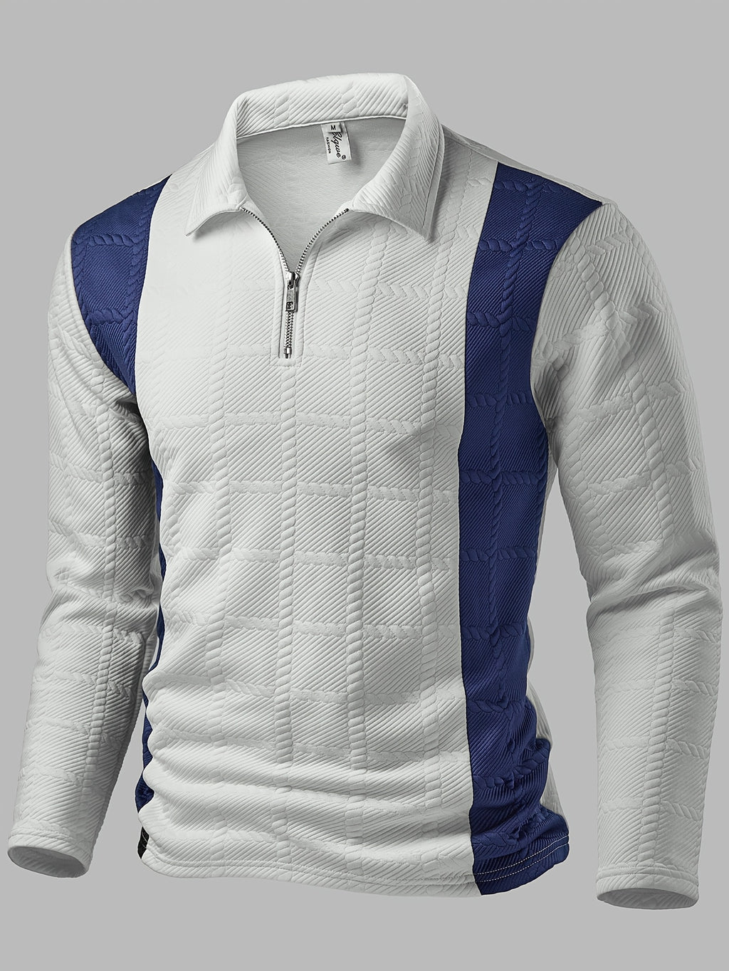 Men's Fashion Top, Autumn/Winter Outdoor Casual Textured Jacquard Fabric, Color-Block Patchwork Lapel Zipper Long-Sleeve Polo Shirt - White