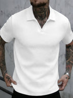 Men's High-End Vertical Stripe Knit Polo Shirt, White Slim Fit Short Sleeve, Textured Light Luxury Fabric, Mature Business Casual Style, Summer Exquisite Lapel Top - White