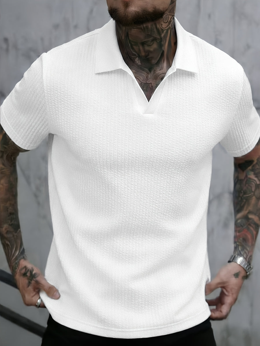 Men's High-End Vertical Stripe Knit Polo Shirt, White Slim Fit Short Sleeve, Textured Light Luxury Fabric, Mature Business Casual Style, Summer Exquisite Lapel Top - White