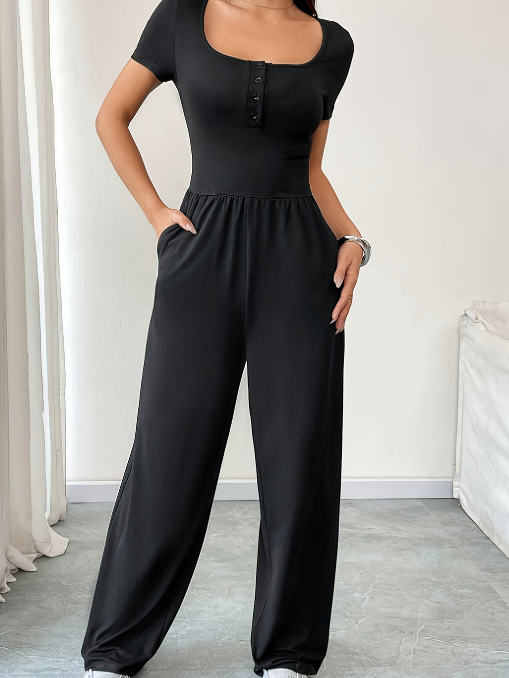 Solid Color Jumpsuit - Black