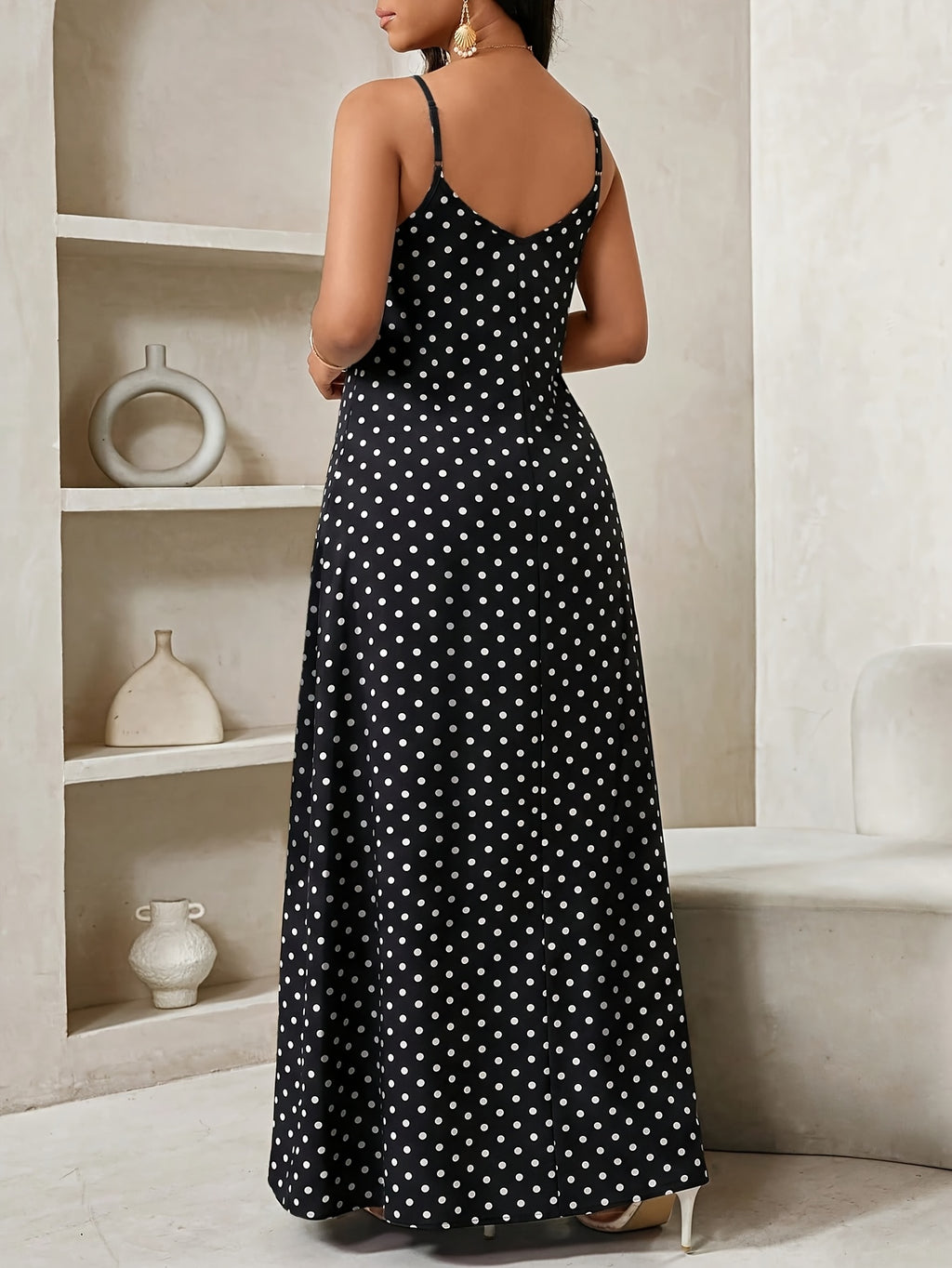 Women'S Summer Casual Vacation Style Polka Dot Printed Loose Pocket Buckle Dress - Black