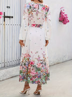 Diamond Rose Long Sleeve Round Neck Dress - Multicolor