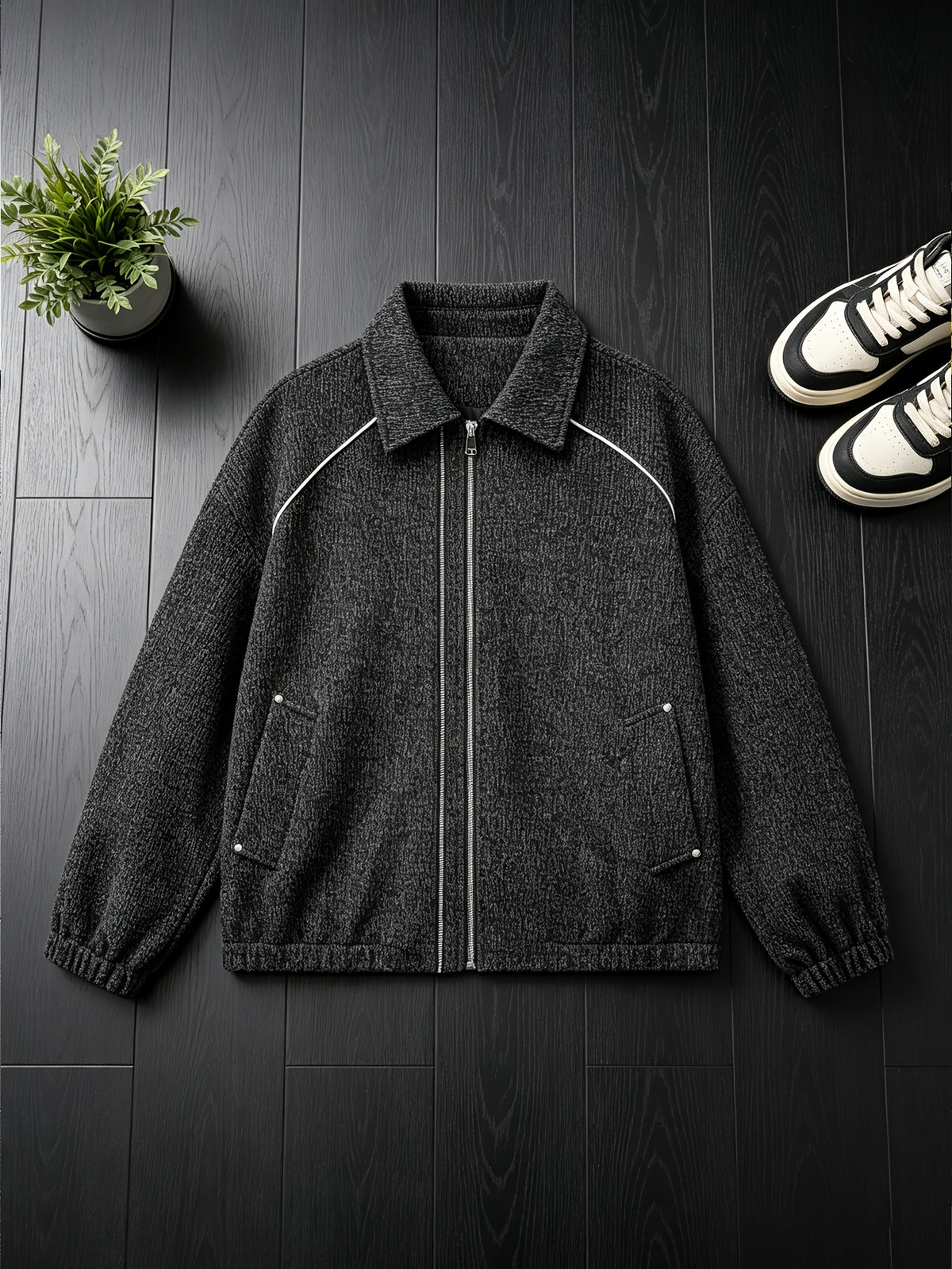 New Minimalist Style Heavyweight Tweed Lapel Men's Jacket, Korean Old Money Style Vertical Zipper with Topstitching, Versatile Short Jacket - Black