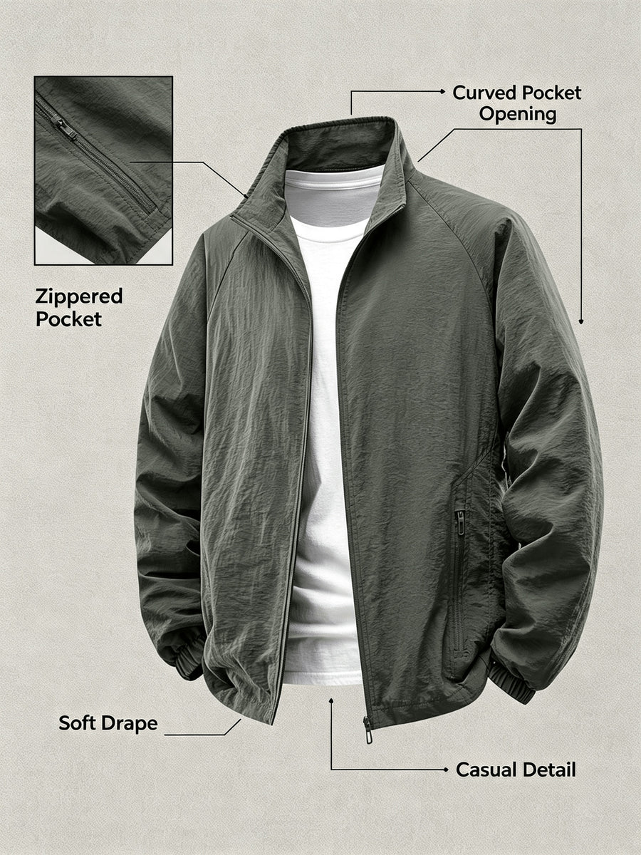 Men'S Lightweight Stand Collar Windbreaker Zip-Up Casual Jacket with Elastic Cuff, Outdoor Sports Coat - Olive Green Color