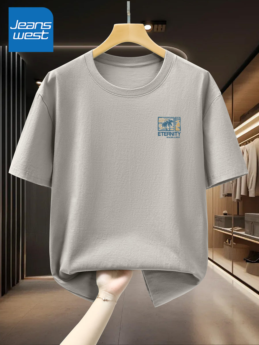 100% Men'S Summer Casual T-Shirt, Loose Fit - Gray Apricot