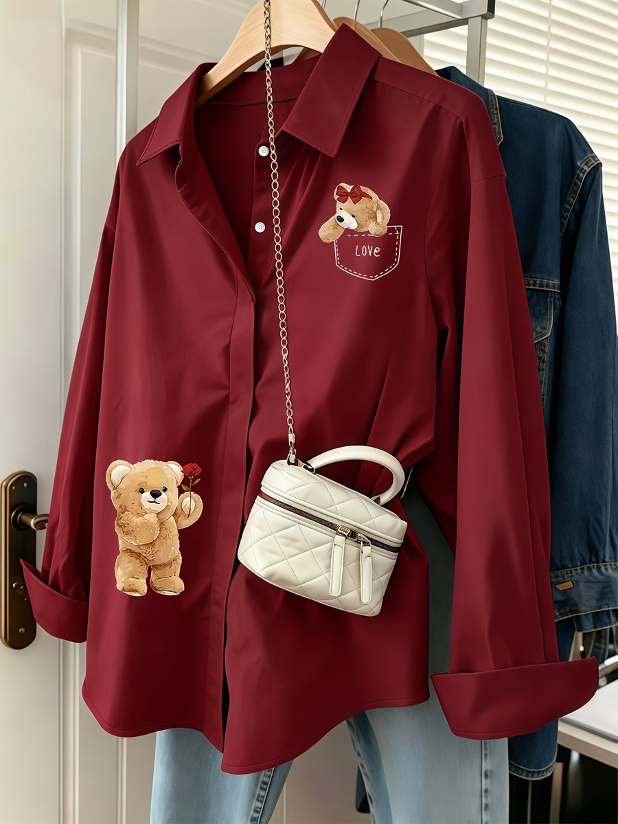 Gentle Girly Style Shirt with Pocket, Bow, Little Bear, and Rose Print, Long Sleeve Loose Fit Daily Commute Age-Reducing Cardigan Top - Burgundy