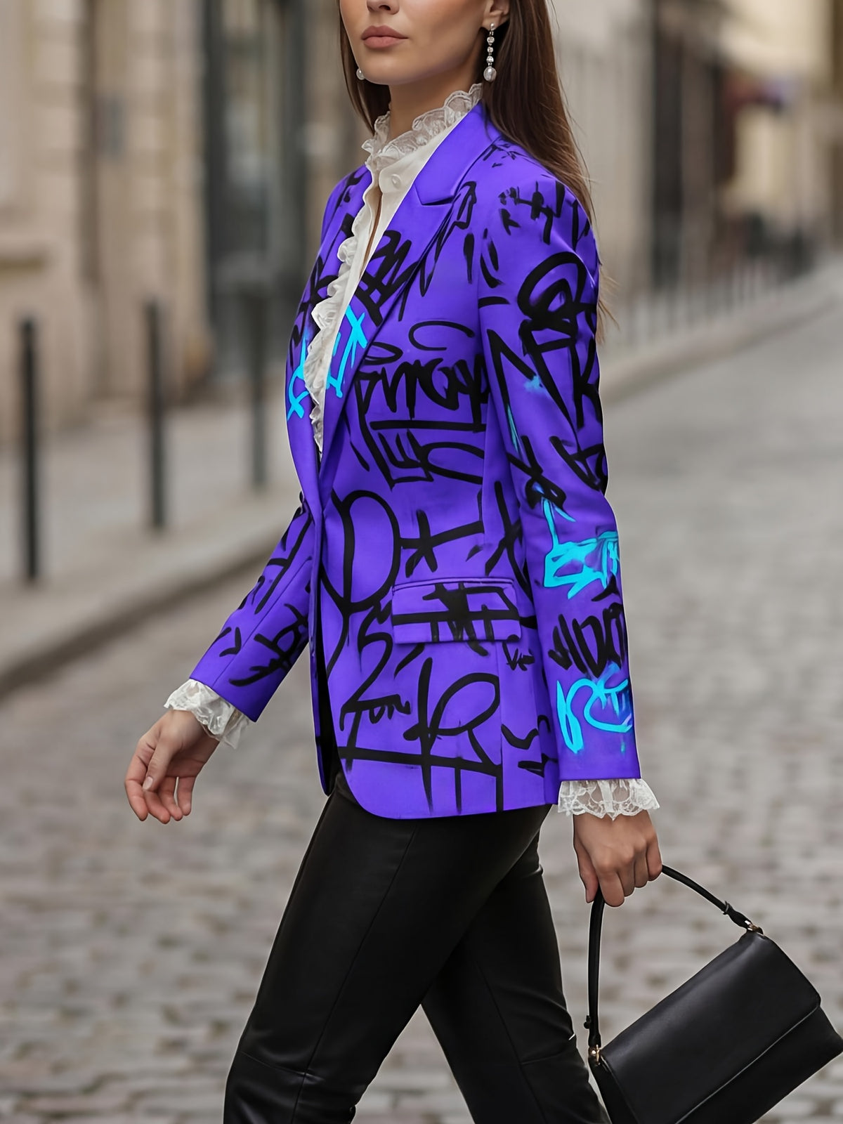 New Fashion Fluorescent Letter Graffiti Print Stylish Commuter Waist-Cinching Suit Jacket with Lining and Pockets - Fluorescent Purple