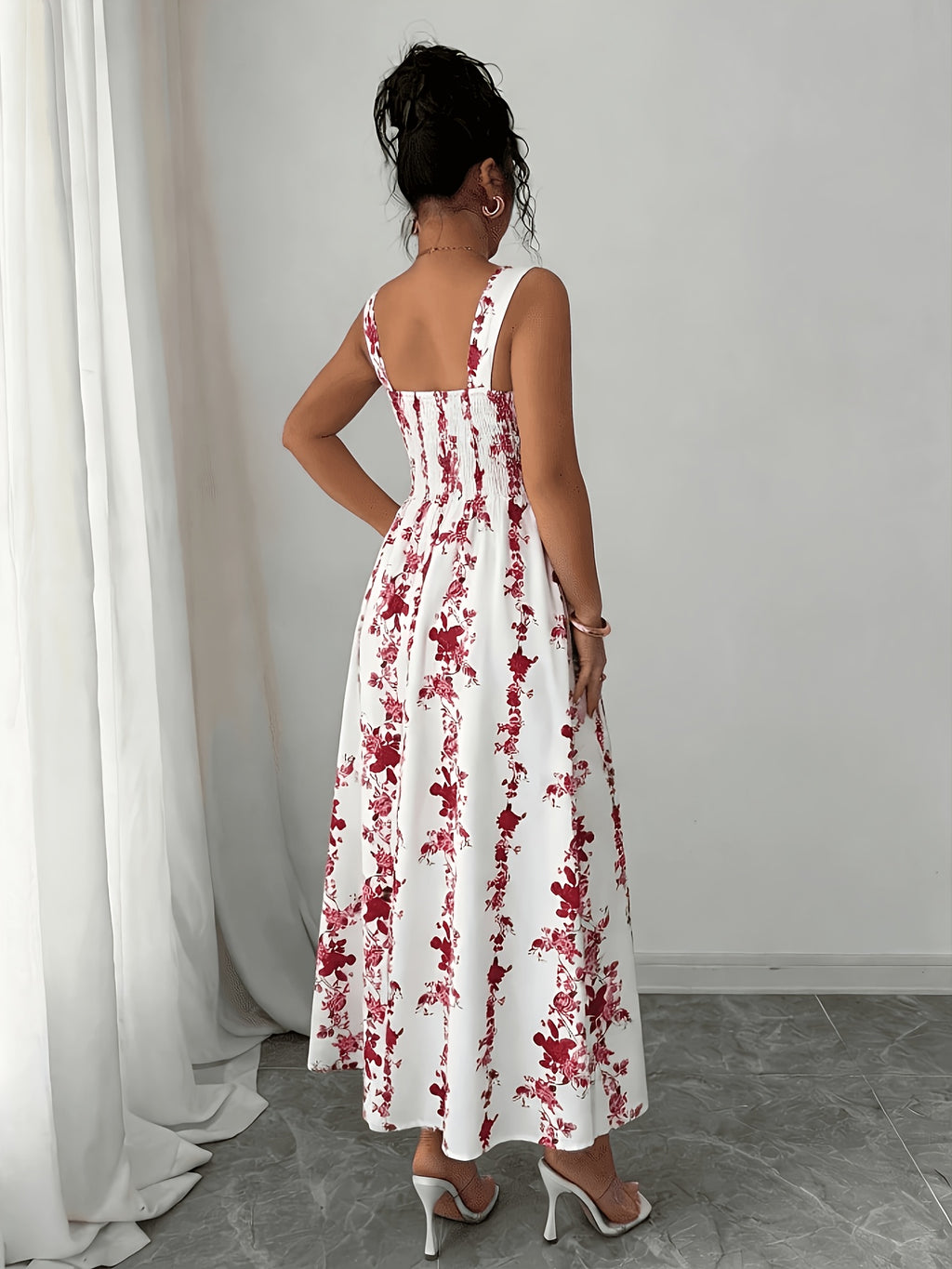 Women's Vintage Square Neck White Floral Print Camisole Dress, Featuring a Effect, Vintage Elegant Vacation Style, Suitable for Summer Dates and Casual Wear in Spring and Summer. Machine Washable - Red