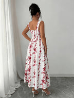 Women's Vintage Square Neck White Floral Print Camisole Dress, Featuring a Effect, Vintage Elegant Vacation Style, Suitable for Summer Dates and Casual Wear in Spring and Summer. Machine Washable - Red