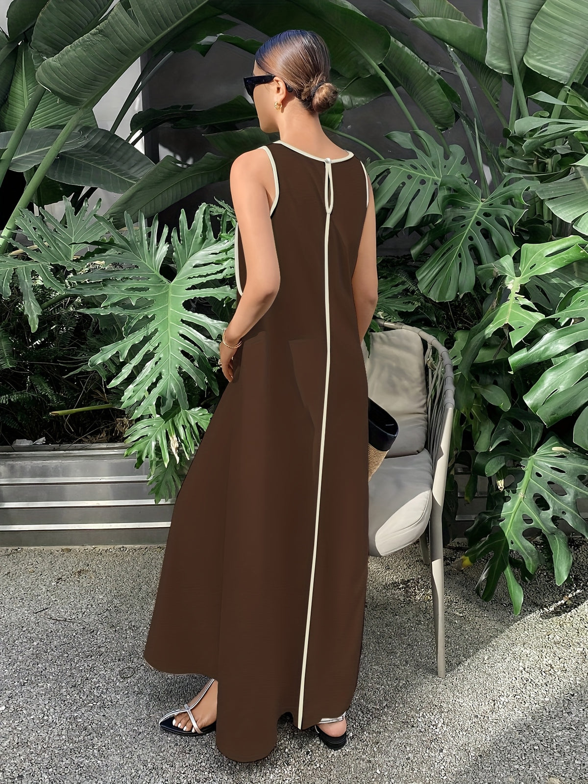 [Size for Regular Fit] Women's Simple Vacation Loose-Fit Comfortable Color-Block Contrast Trim Long Tank Dress - Coffee Brown