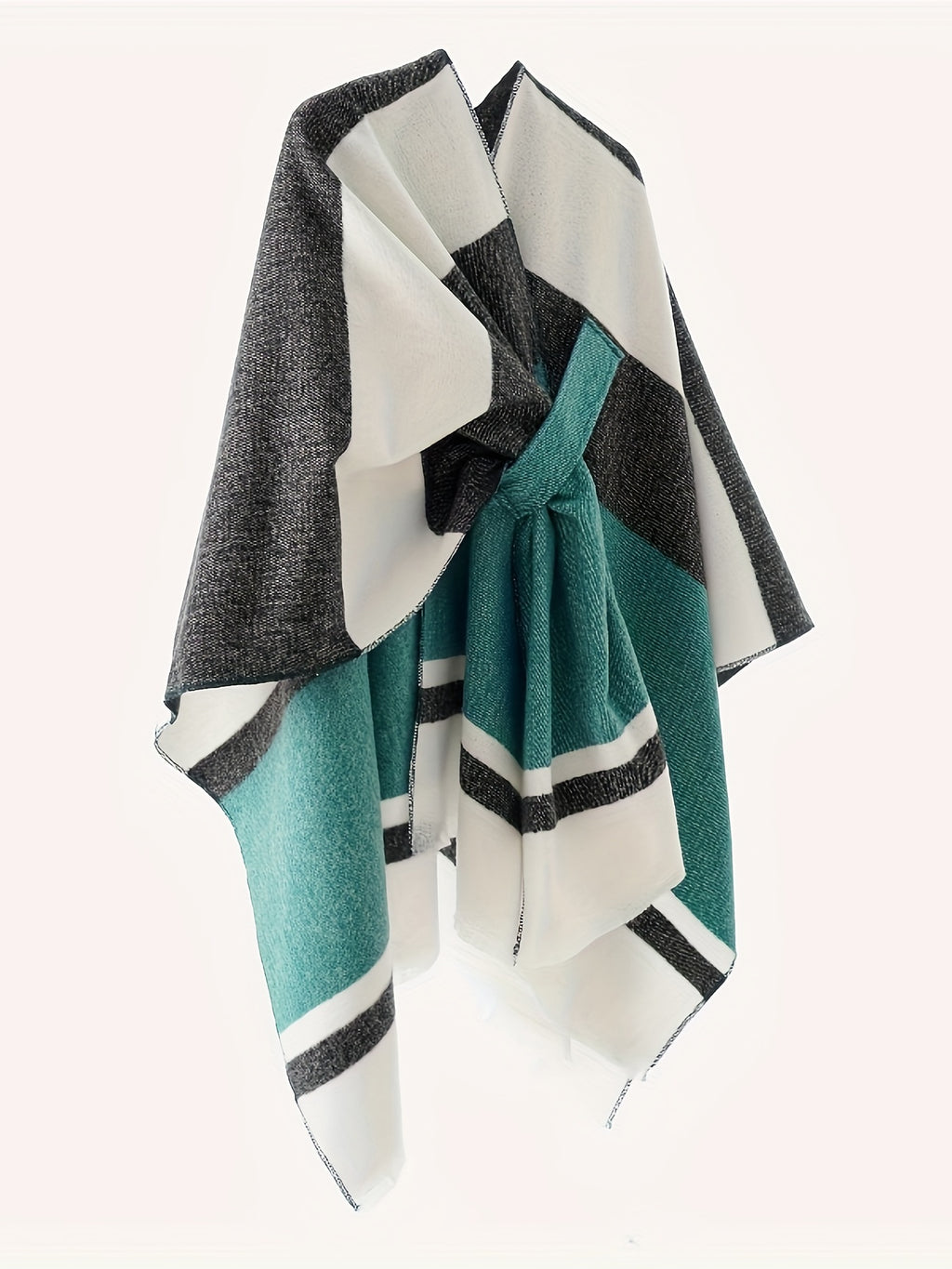 Women's Fashion Classic Striped Color Block Pattern Autumn and Winter Windproof Buttoned Travel Wrap Coat - Green
