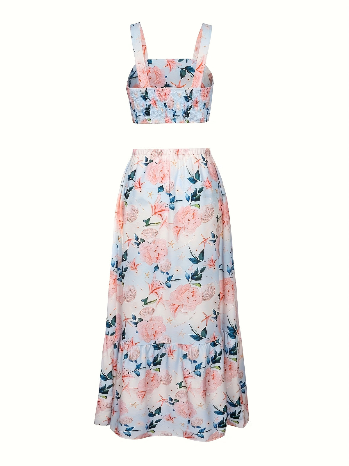 European and American Fashion Women's 2pcs Set, Waist-Revealing Camisole with Design, Summer Fresh Floral Print with Ruffled Hem Maxi Dress, Suitable for Summer Vacation, Casual Outfit for Women, Gavin - White
