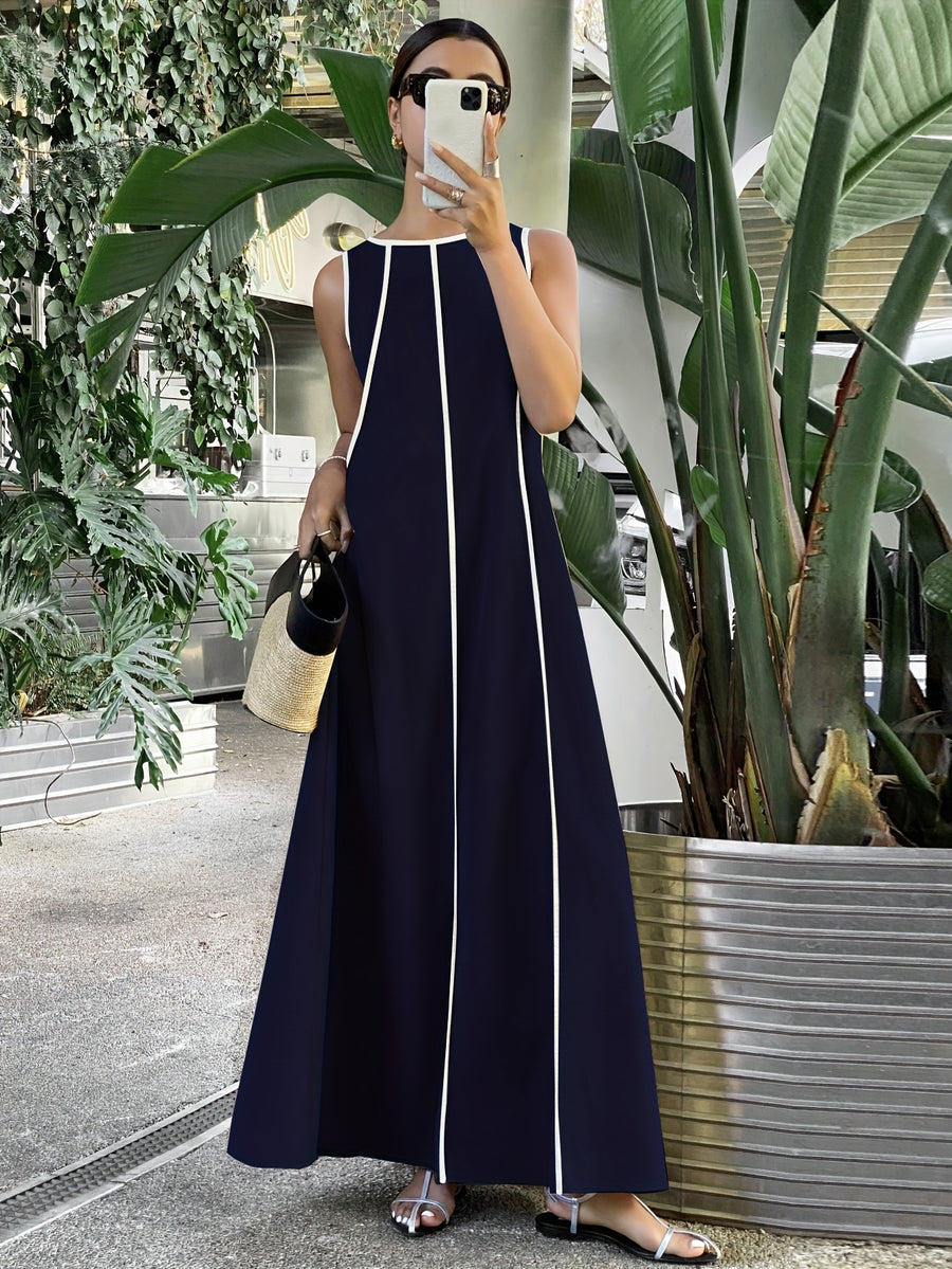 [Size for Regular Fit] Women's Simple Vacation Loose-Fit Comfortable Color-Block Contrast Trim Long Tank Dress - Navy Color