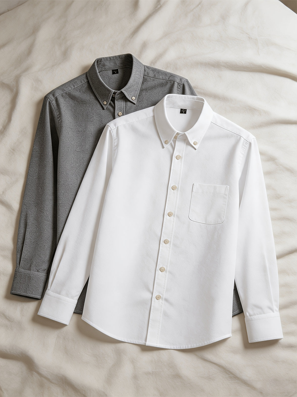 1+1 2pcs Classic Men's Oxford Plain Color Shirt, Long Sleeve Spring/Autumn Pocket Lapel Shirt for Casual Daily Outings - White+gray