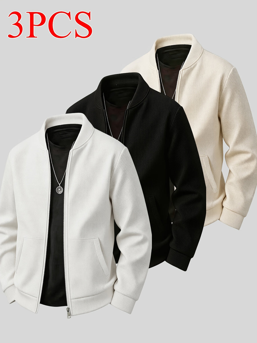 [Qiaoximei OBM] Spring/Autumn Men'S Solid Texture Small Waffle Fabric Jacket 3pcs Set, Versatile Comfortable Casual Fashion Men'S Top Outerwear, Best Men'S Holiday Gift - White+Black+Khaki