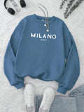 Women's Fashion Round Neck Letter Pattern Print Casual Sweatshirt - Peacock Blue