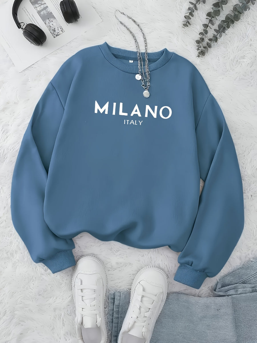 Women's Fashion Round Neck Letter Pattern Print Casual Sweatshirt - Peacock Blue