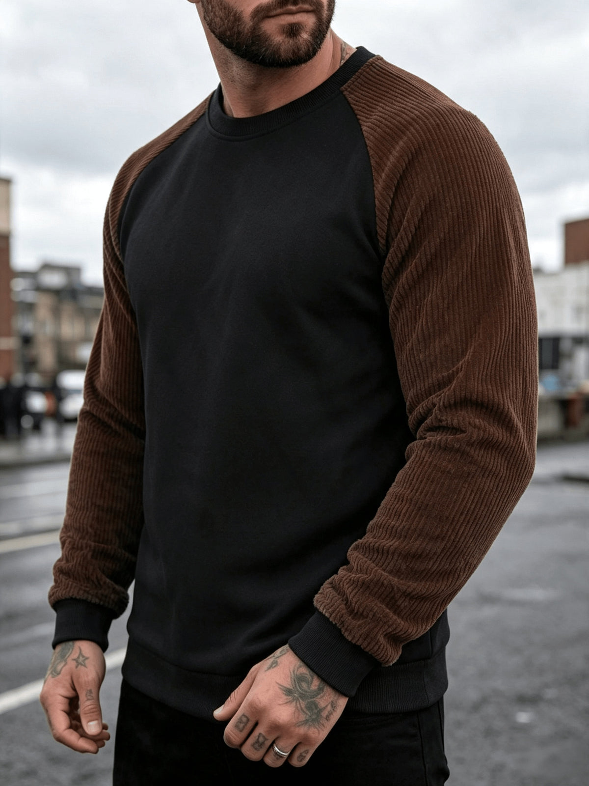 Men's Autumn/Winter Crew Neck Sweatshirt, Corduroy Sweatshirt. Made from Wrinkle-resistant Soft Knitted Fabric, It Is Highly Practical. Suitable for Students' Daily Wear on Campus, Outings, Dates, Commuting, and Camping, and Can Also Be Worn - Black