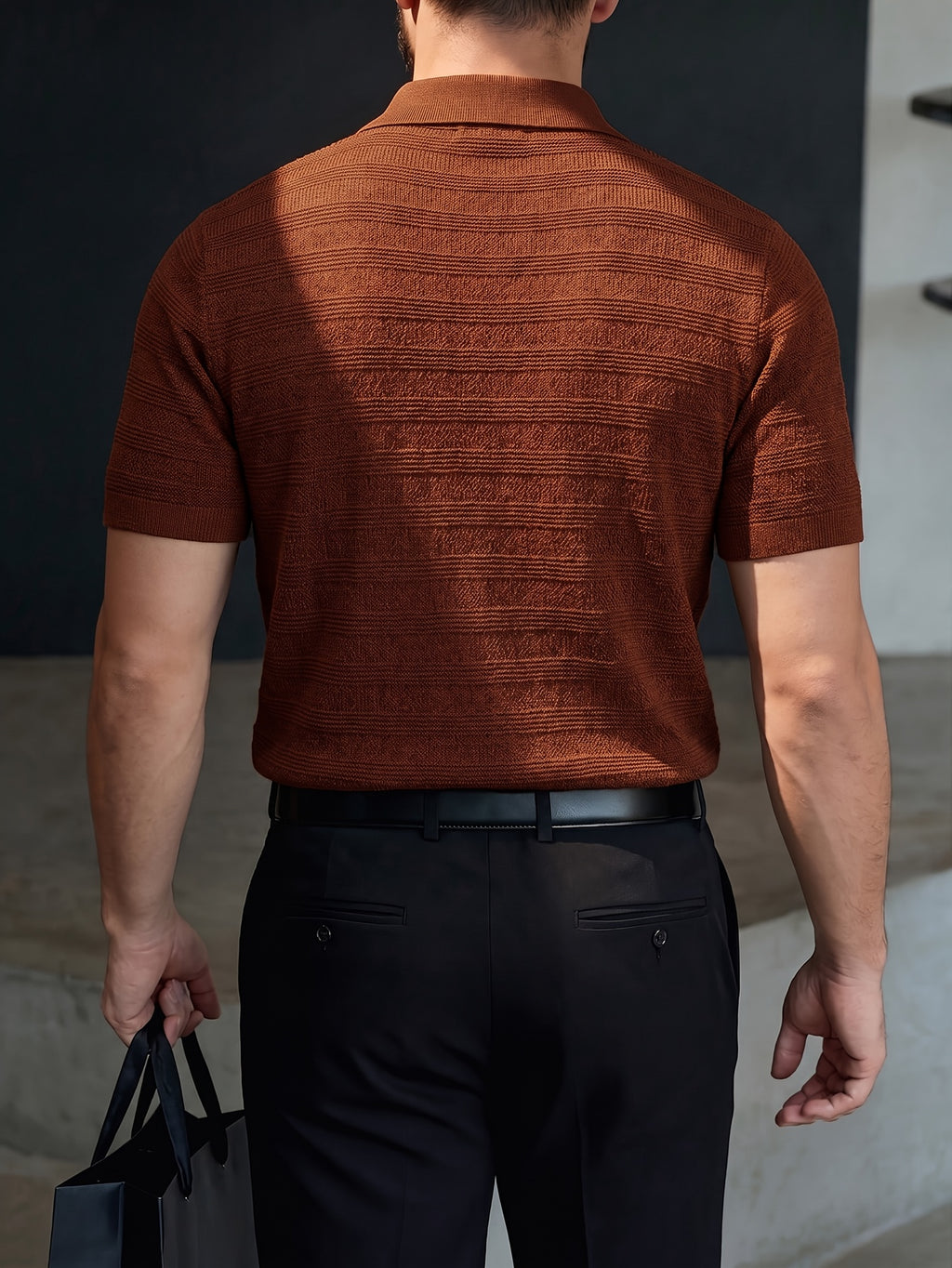 Men's New Summer Fashion Trendy  Breathable Short-Sleeve Knit Sweater, Old Money Business Casual Shawl Collar Simple Solid Color Knit Pullover, for School, Work, Commuting, Vacation, and Travel Outfits - Red Brown