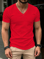 [Printed Design - Non-Textured] Men's Fashionable Simple V-Neck Short-Sleeve T-Shirt, Daily Casual Slim-Fit Solid Color Top, Versatile Basic Business Commuter Men's Apparel - Printed V-Neck T-Shirt - Mixed colors