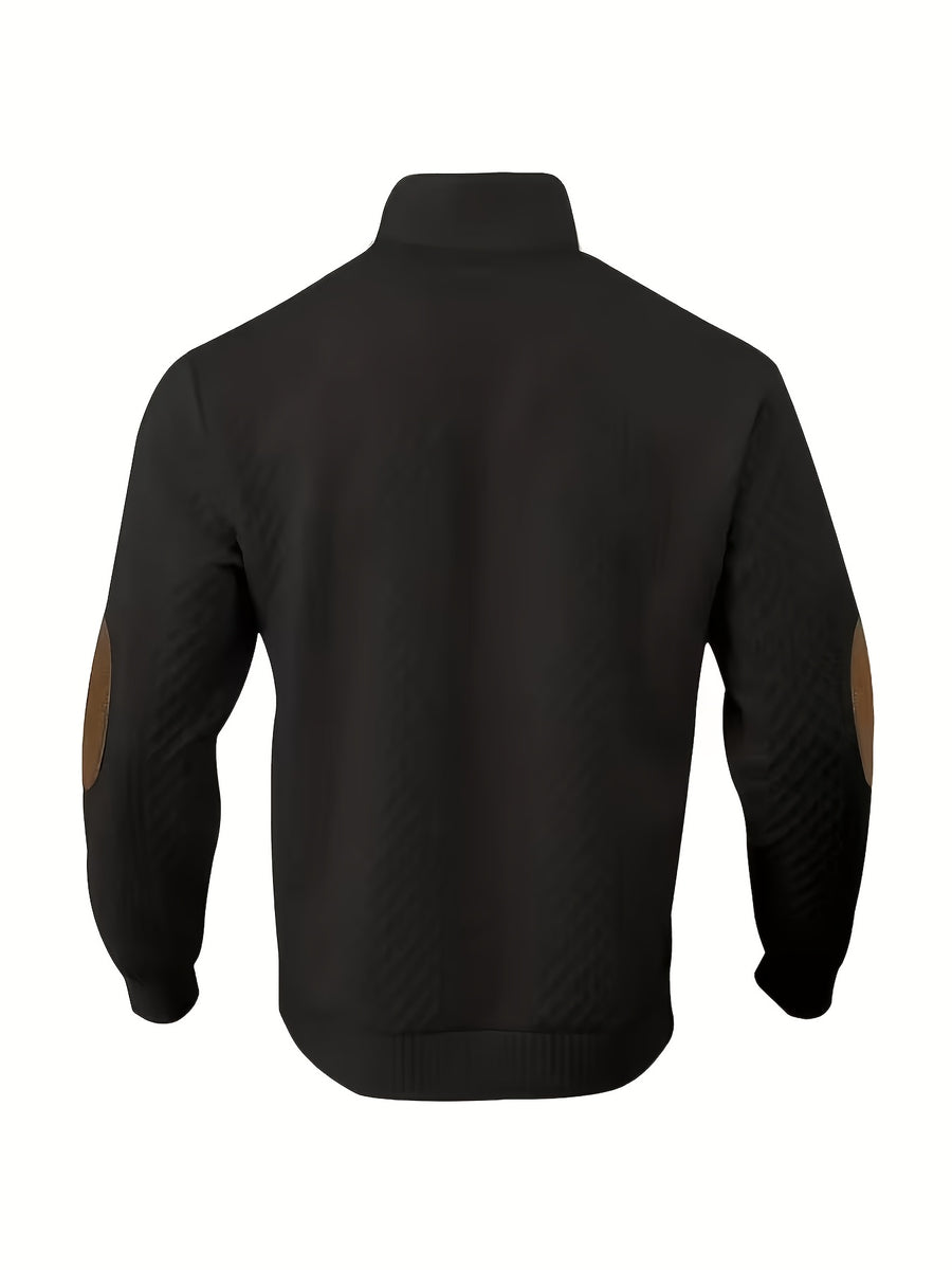 5pcs Set Men's Textured Jacquard Knit Vintage Casual Button-Up Stand Collar Long Sleeve Top, Versatile Basic Solid Color for Autumn/Winter Outings and Home Wear - Black 5