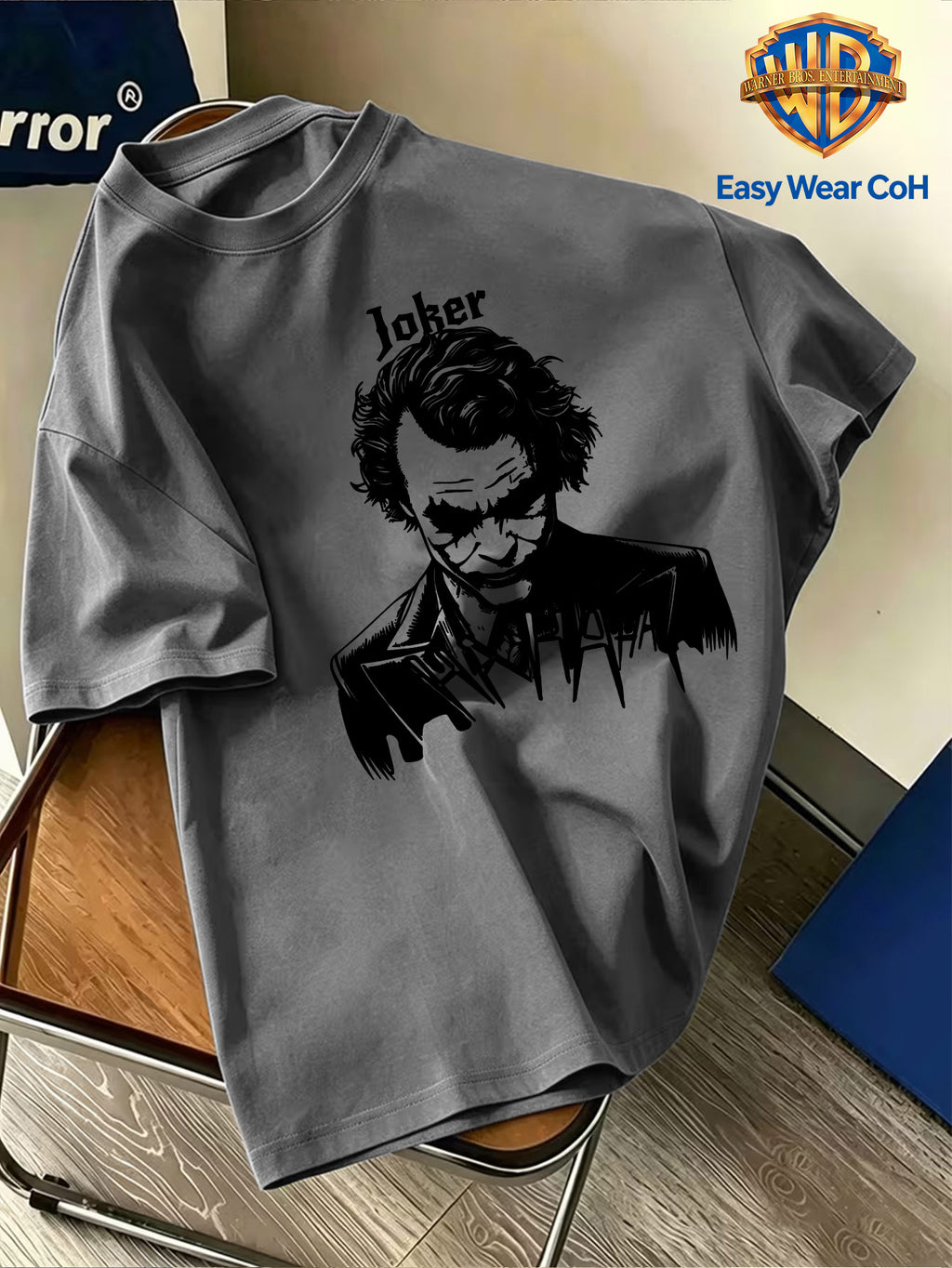 Warner Official Licensed Men'S New Front Back Print Round Neck Short Sleeve T-Shirt, Hand-Drawn Sketch Style Joker JOKER Black And White Sketch HA HA Laughing Element Line Print Design, Breathable Skin-Friendly Soft Fabric - Dark Gray