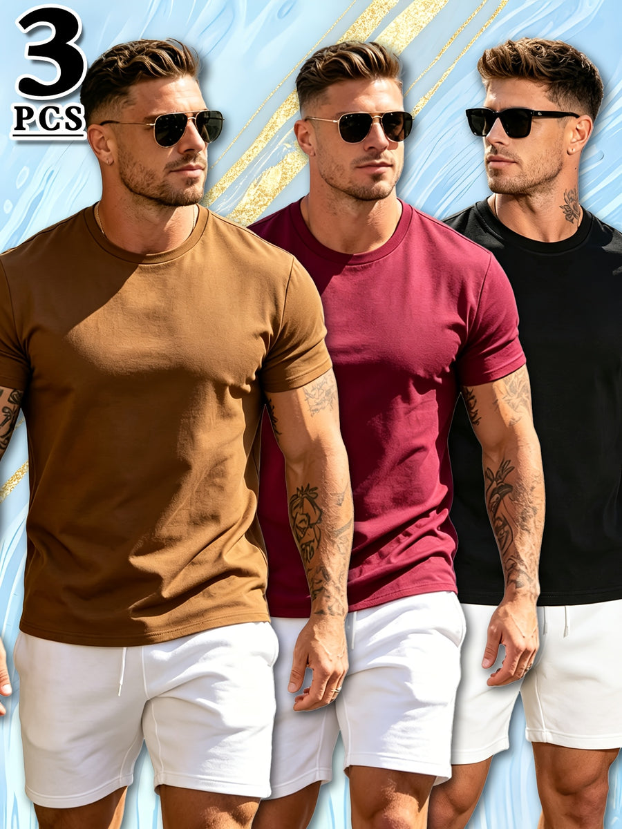 3pcs Set Spring Summer Fashion Athletic Short Sleeve Men'S Top Summer New Breathable Casual Comfortable Versatile Trendy Outerwear T-Shirt - Mixed Color 3