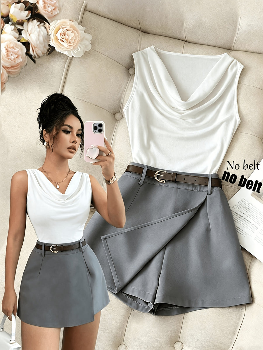 ZD260407049This New Spring/summer Women's Sleeveless Slim-fit Brown Vest Features a Ruffled Neckline and Comes with an Apricot Wide-leg Skirt. This 2pcs Outfit Is Suitable for Casual Attire, Business Occasions, Dates, and Various Other Events. - White