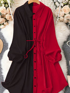 Plus-Size Women's Elegant Color-Block Collared Shirt Dress with Drawstring Waist - Slim-Fit Long Sleeve Machine Washable Solid Color Dress for Spring Summer Fall, Everyday Elegance, Flowy Fabric - Mixed colors
