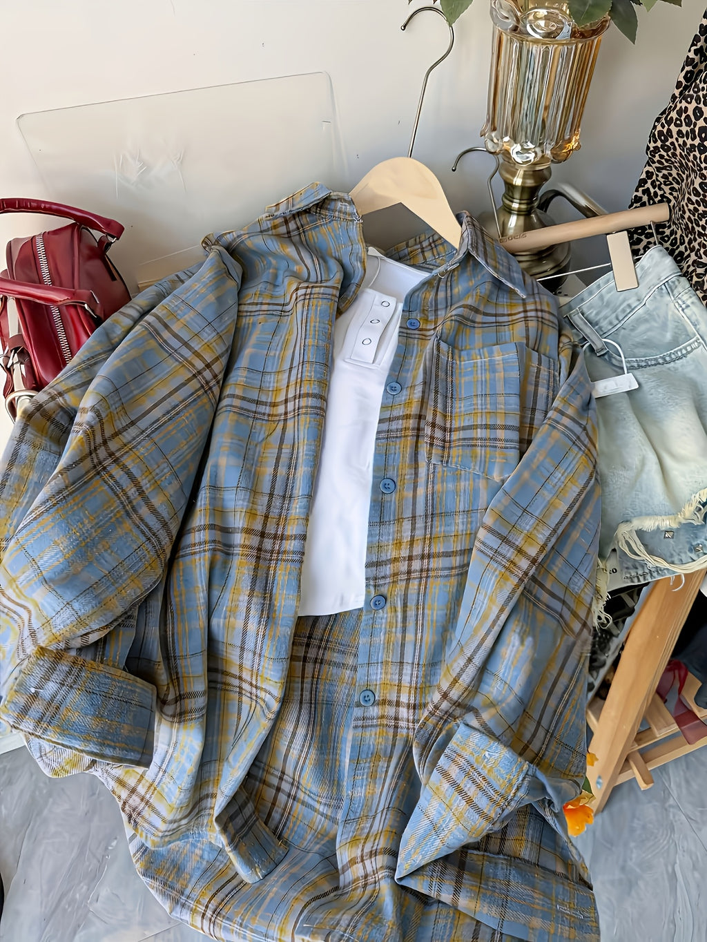 Lazy and Pretty Plaid Shirt for Women, Loose Fit Outerwear for Spring, Summer, and Autumn - Yellow