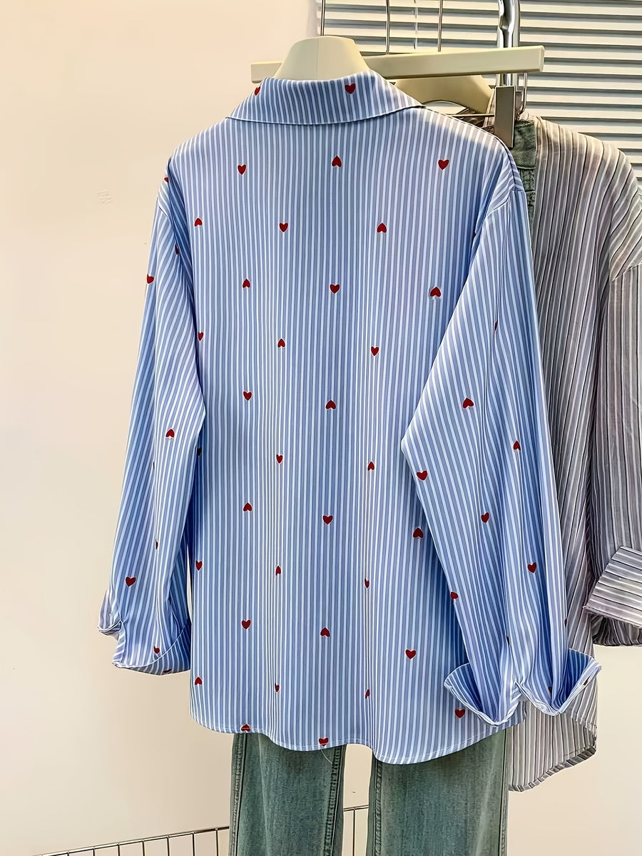 Women'S Heart Print Polo Collar Striped Shirt - Casual Collared Long Sleeve Blouse, Perfect for Spring Summer Fall Casual Wear - Blue