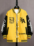 Men'S Trendy Baseball Jacket - LA WEST COAST Pattern - Contrast Sleeve Style - Button Closure And Stretch Fabric All-Season Versatile Comfortable Outerwear - Ideal for Outings, Travel, Friends Gatherings, And Commuting, Loose Fit Machine Washable - Bright Yellow