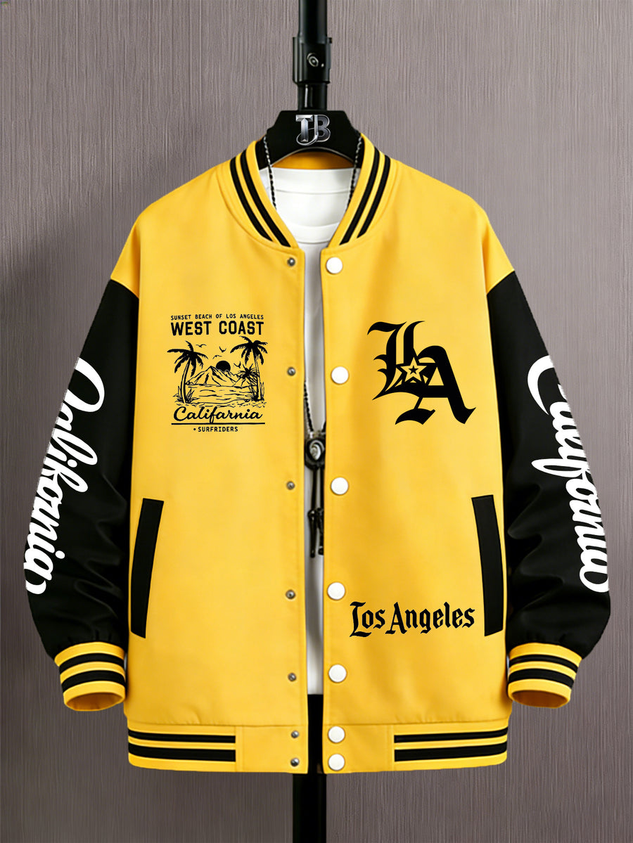 Men'S Trendy Baseball Jacket - LA WEST COAST Pattern - Contrast Sleeve Style - Button Closure And Stretch Fabric All-Season Versatile Comfortable Outerwear - Ideal for Outings, Travel, Friends Gatherings, And Commuting, Loose Fit Machine Washable - Bright Yellow