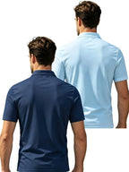 2pcs Men'S Short Sleeve Casual Athletic Polo Shirt Set, Zipper Collar, Comfortable And Breathable, Original Design - Navy blue plus light blue