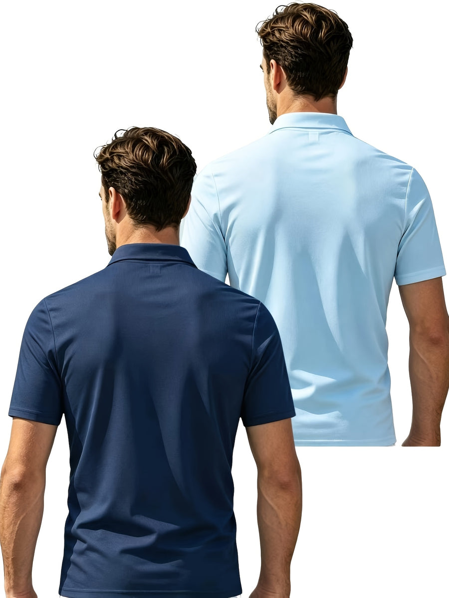 2pcs Men'S Short Sleeve Casual Athletic Polo Shirt Set, Zipper Collar, Comfortable And Breathable, Original Design - Navy blue plus light blue