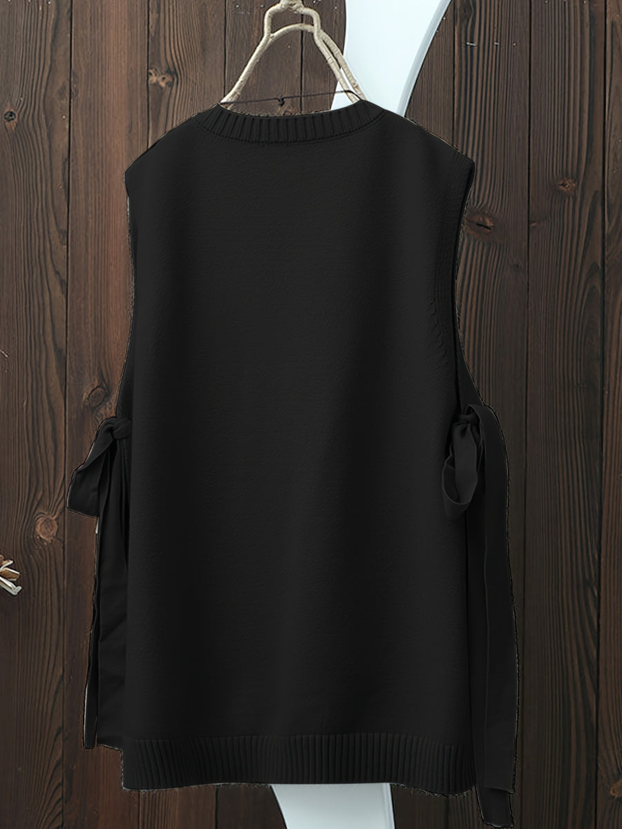 Women'S Spring Autumn Casual Fashion Niche Chic Vintage Easy Solid Round Neck Vest Sleeveless Side Slit Tie-Up Short Front Long Back Design Temperament Daily Versatile Quality Premium Gentle Elegant Loose Lazy Style Outerwear Sleeveless Camisole Top - Black
