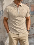 [Printed Design - Not Textured] Men's Short Sleeve Zip Polo Shirt, Khaki Cable Knit Inspired Print, Digital Print, Zip Placket, Polo Collar, Polyester, Casual, Daily Commuting, Summer - Mixed colors