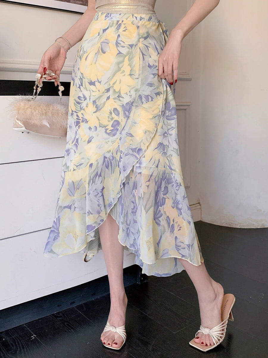 Women'S Elegant Snowflake Print Chiffon Ruffle Hem A-Line Dress, Summer, Back to Season Outfit - Light Purple