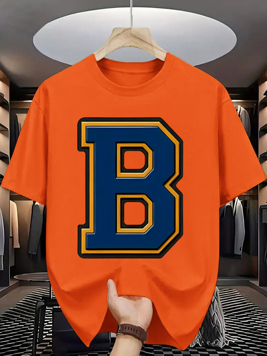 Men'S Summer Casual T-Shirt with Bold "B" Letter Print - Lightweight Polyester, Round Neck, Short Sleeve, Regular Fit, Perfect for Casual Attire, Everyday Tshirt | Trendy Casualwear | Durable Fabric - Orange