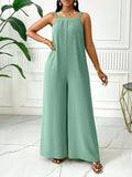 Chic Women's Sleeveless Solid Color Jumpsuit - Casual Polyester and Spandex, Ruched Design, Wide Leg, Machine Washable - Vibrant Solid Color, Casual Wear Jumpsuit | Chic Sleeveless Jumpsuit | Flowy Draped Style - Mineral Green
